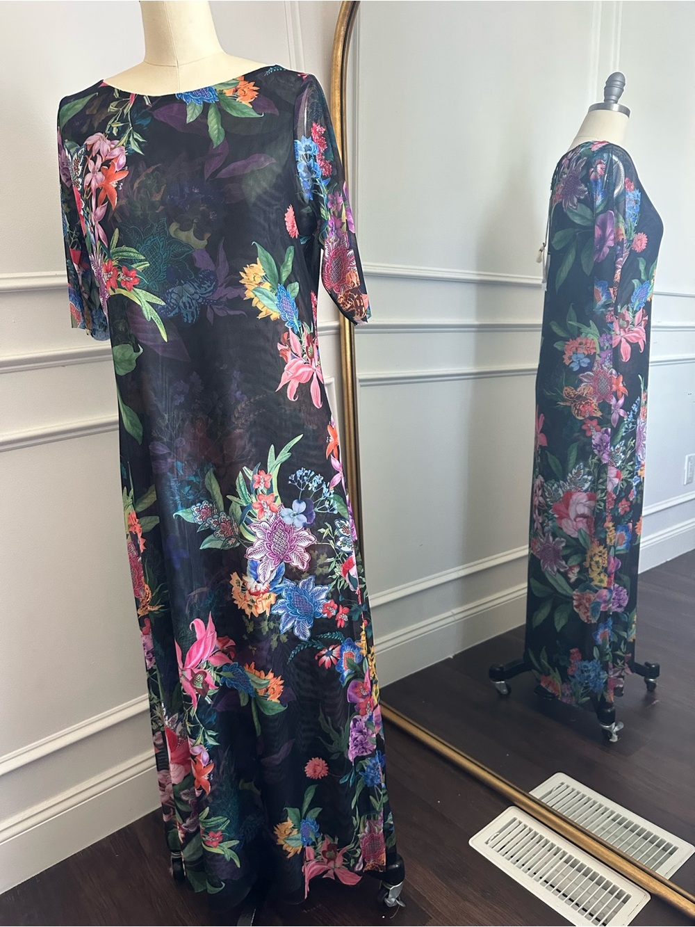 Johnny Was Black Maxi Dress with Multicolor Floral Print